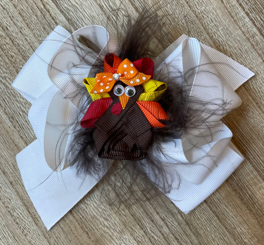 Fuzzy Turkey Thanksgiving Clip and Bow Set